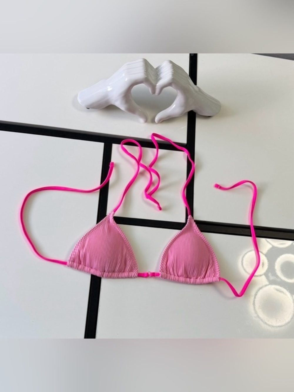 Pink Ribbed Triangle Bikini Top - Size S (Neon Pink Straps)